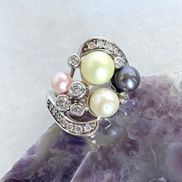 Joseph Esposito Sterling Silver 925 Pearl & Cubic Zirconia Cocktail Ring Sz 7 - Picture 6 of 16